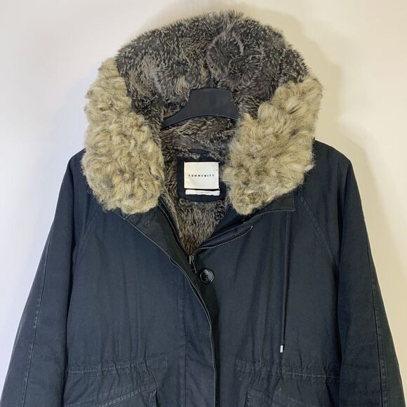 Community Hooded Coat Parka XL Aritzia Black Faux Fur Lined Removeable Lining - Picture 3 of 12